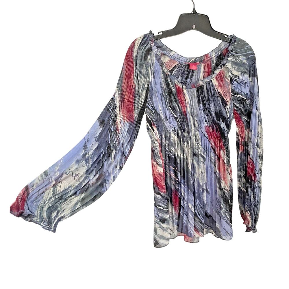 Vintage Y2K Crinkle Pleated Blouse M‎ Watercolor Marble Long Sleeve Romantic